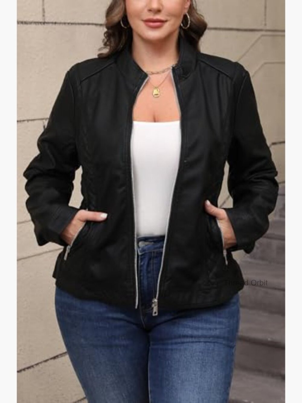 Faux Leather Moto Jacket with Stand Collar Zipper Pockets - Picture 7 of 7